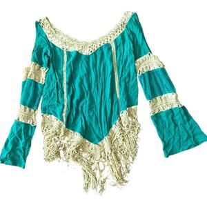 Simply Couture XL Blue Crochet Boho Fringe Top NWT
